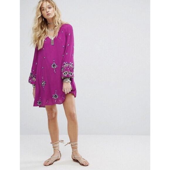 Free People Embroidered Dress Tunic Crinkled Cut Out Back Fushia Pink BOHO Small - Picture 4 of 12